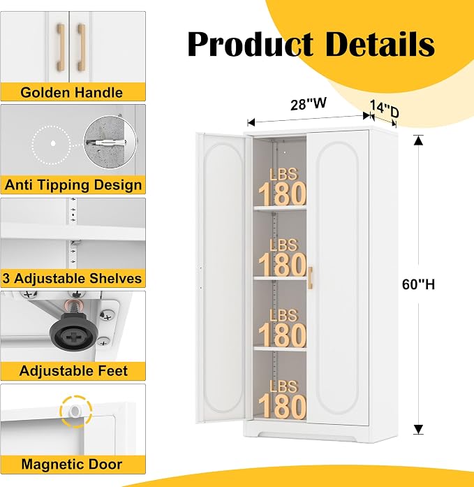 Kitchen Pantry Cabinet, 60”Metal White Storage Cabinets - Image 3