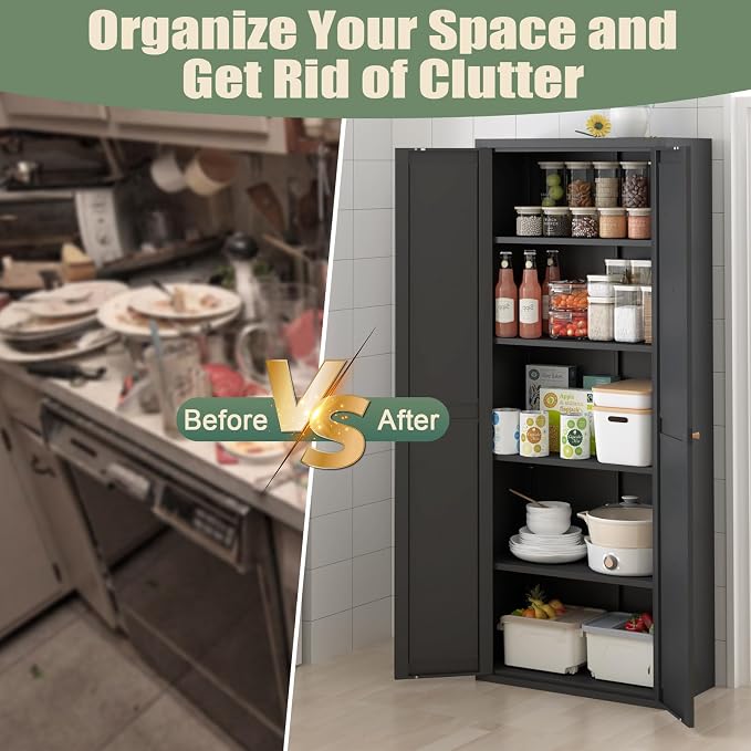 71" Tall Kitchen Pantry Storage Cabinet, 5 Tier Kitchen Cupboard - Image 5