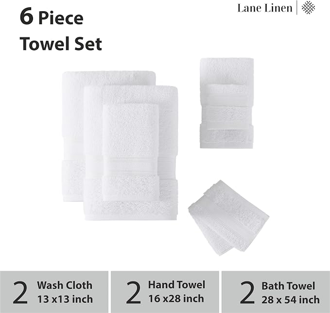 LANE LINEN Towel Set of 6 – 100% Mercerized Cotton, Zero Twist, 2 Large Bath - Image 3
