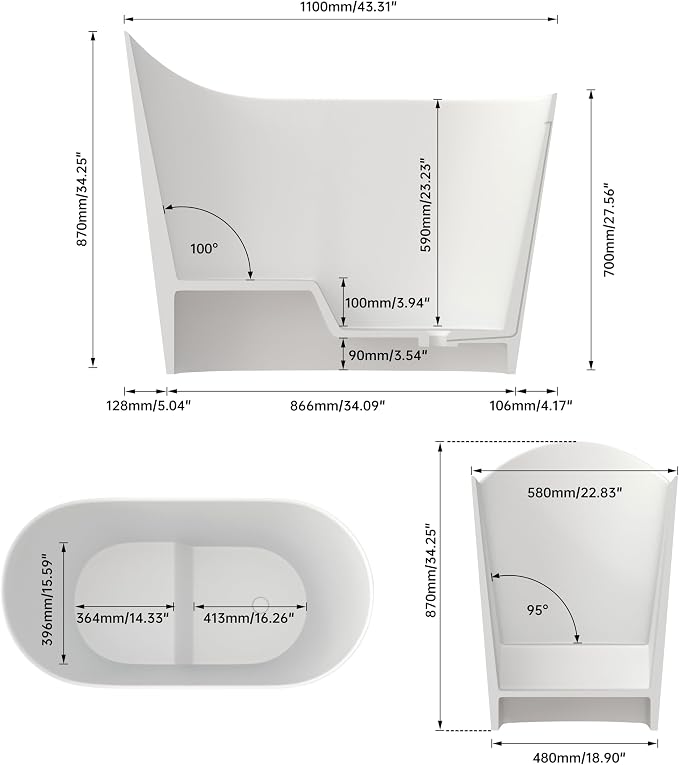 SJ Star&Jane 43" Solid Surface Japanese Soaking Bathtub Stone Resin - Image 9