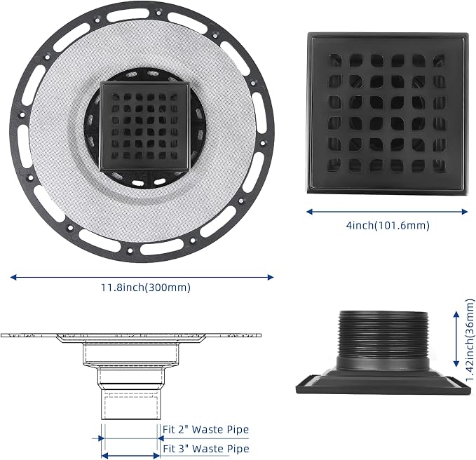 Square Shower Drain, 4-Inch Matte Black Kit - Image 2