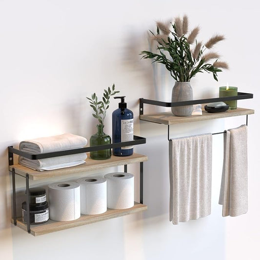 RICHER HOUSE 2+1 Tier Wall Mounted Floating Shelves Set of 2, Rustic Wood Wall by RicherHouse