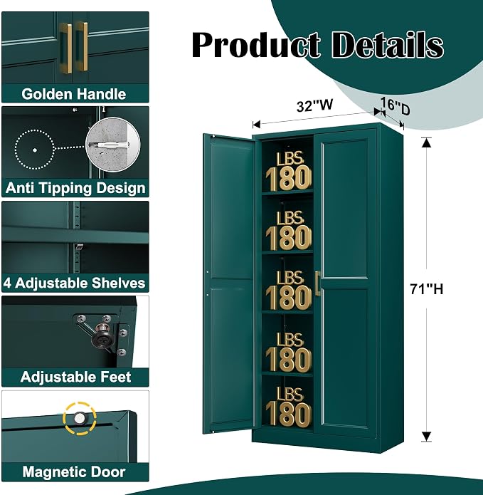 Kitchen Pantry Cabinet, 71”Green Metal Pantry Storage Cabinets - Image 3