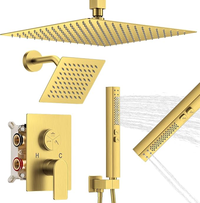 Shower Faucet Set, 3-Setting Push Button Brushed Gold Shower System, 12 Inch by Unknown