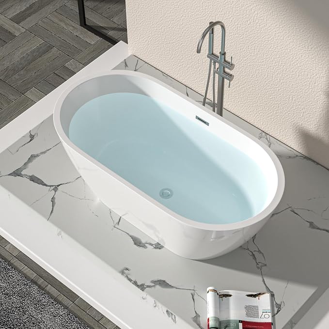 Logmey 59 Inch White Acrylic Freestanding Bathtub - Image 9