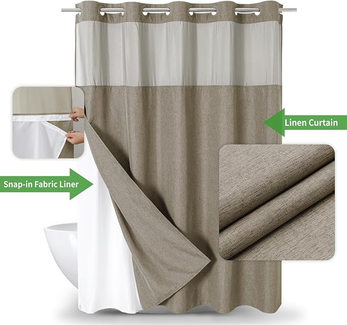 Long No Hooks Needed Linen Textured Shower Curtain - Image 2