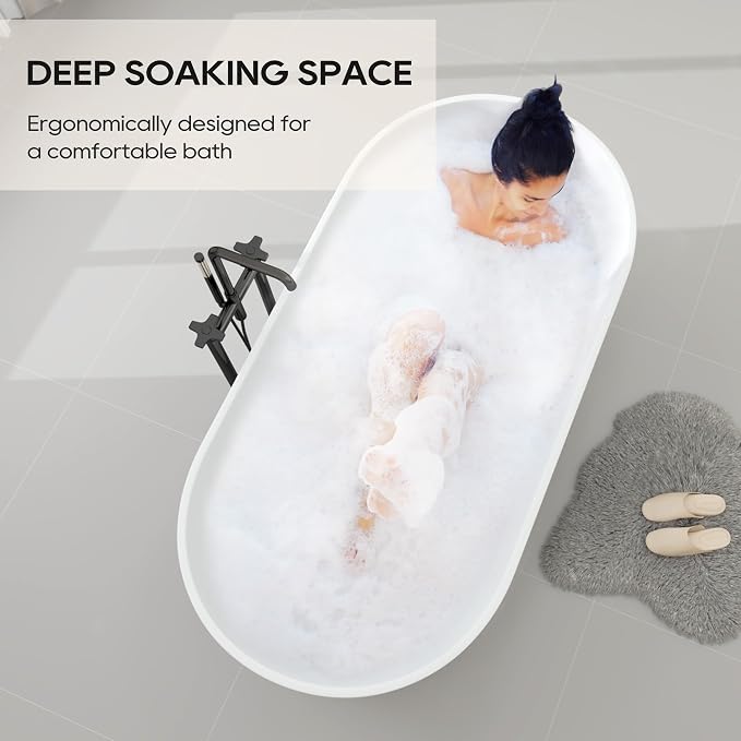 SJ STAR&JANE 69" Solid Surface Freestanding Bathtub, Matte White Oval Stone - Image 4