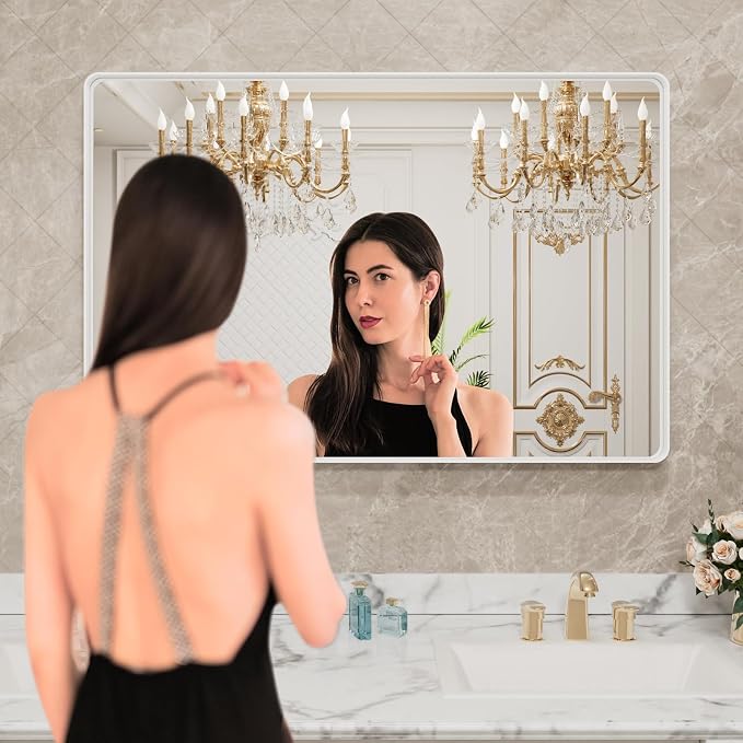 LOAAO 48x32 Inch White Metal Framed Bathroom Mirror - Image 2