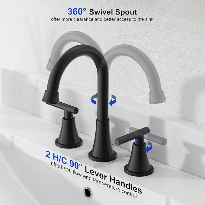 Bathroom Faucets for Sink 3 Hole, Hurran Matte Black Bathroom Sink Faucet - Image 3
