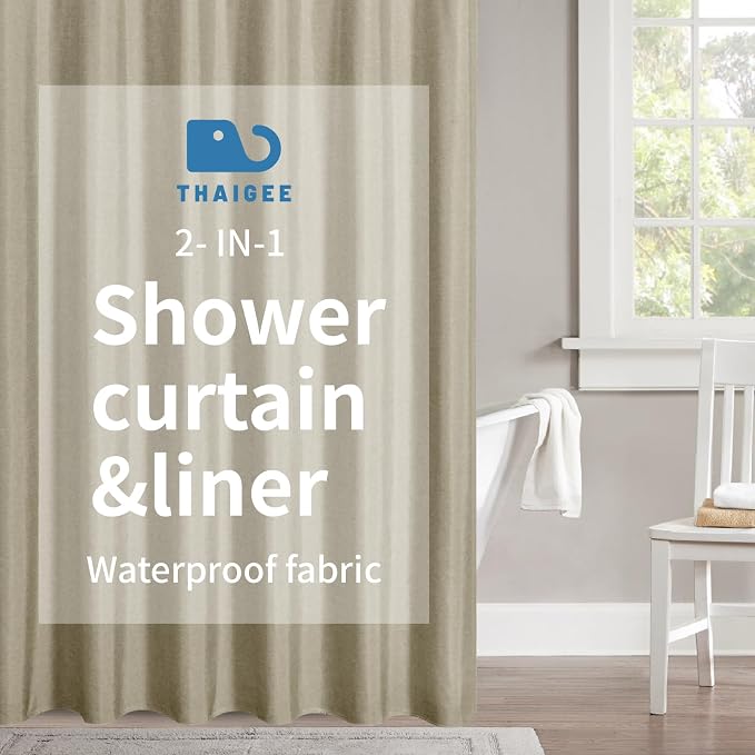 2-in-1 Waterproof Extra Long Fabric Shower Curtain or Liner, Linen Textured by THAIGEE