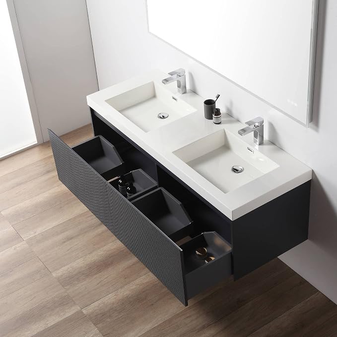 Blossom 60 Inch Double Sink Bathroom Vanity, All Wood Wall Mounted Floating - Image 4