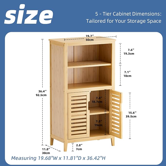 HITNET Bathroom Cabinet Freestanding, Bamboo Storage Cabinet 5-Tier Floor - Image 3