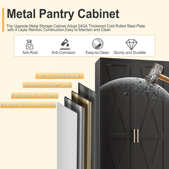 75" Tall Metal Kitchen Pantry Storage Cabinet, Freestanding Cupboard - Image 5