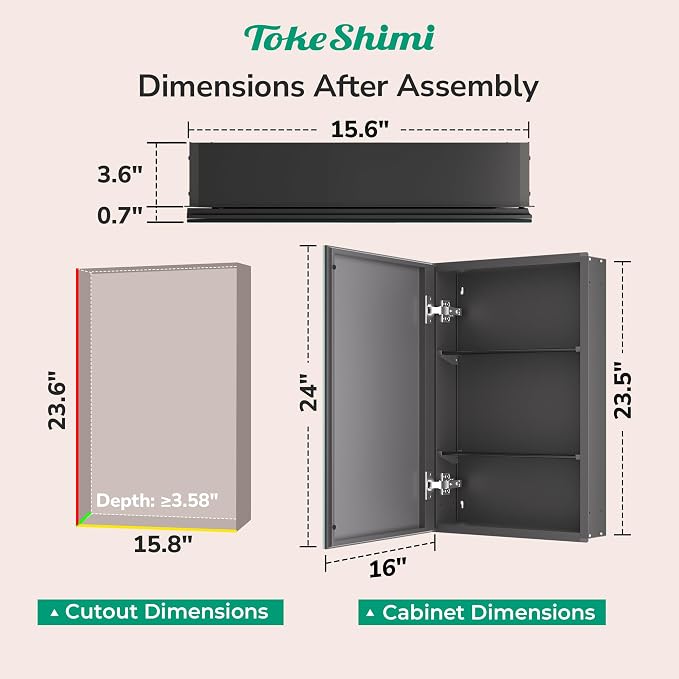 TokeShimi 16 x 24 Mirrored Medicine Cabinet Recessed or Surface Mount, Aluminum - Image 2