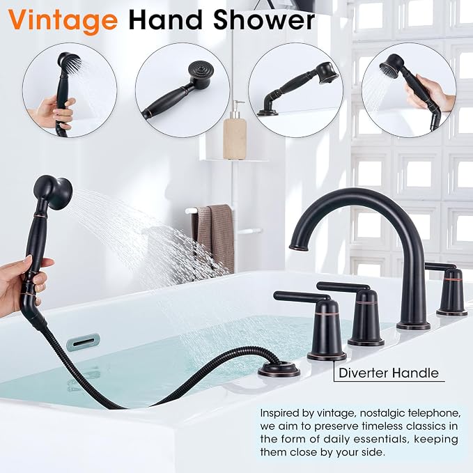 Roman Bath Tub Faucet Set with Sprayer, 5 Hole Widespread Deck Mount Bathtub - Image 5