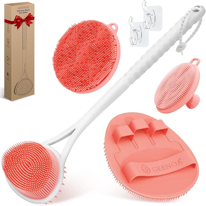 Silicone Back & Body & Face Scrubbers Set 4PCS, 15.35’’ Soft Back Scrubber by GEENOA