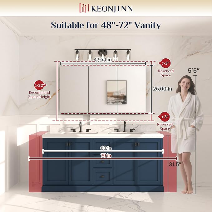 Keonjinn 48 x 26 Inch Medicine Cabinet, Assembly Required, Lightweight - Image 6