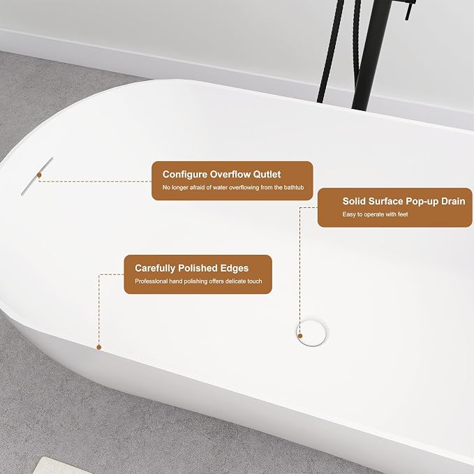 SJ STAR&JANE 51" Solid Surface Freestanding Bathtub, Matte White Oval Soaking - Image 5