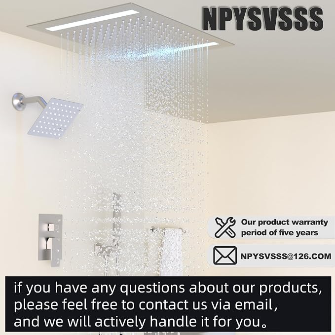 Rain Shower Head System with 14x20 Inch Ceiling Mount LED Head & 6 Inch Wall - Image 8
