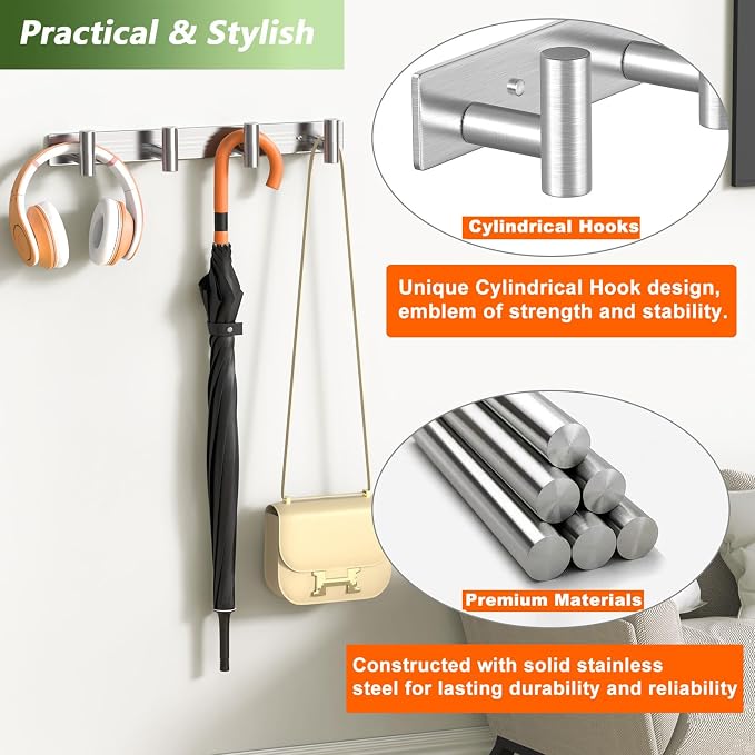 Wall Mounted Coat Rack-4 Hooks, Heavy Duty Stainless Steel Wall Hooks - Image 4