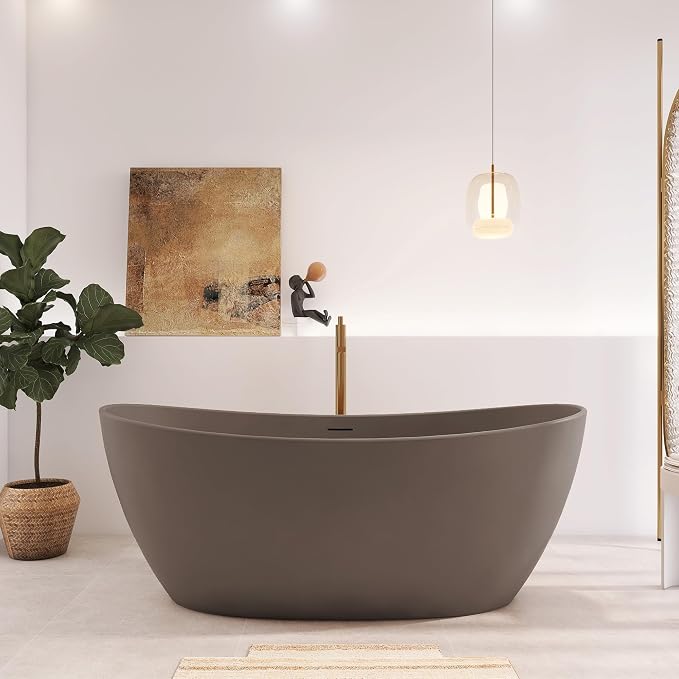 65" Premium Solid Surface Freestanding Bathtub, Contemporary Design Stand Alone by HIGEINE