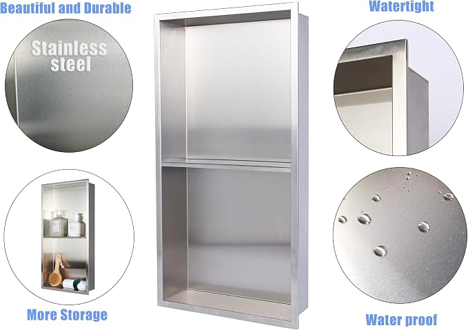 Stainless Steel no Tile Needed Metal Niche, Double Shelves，Stainless Steel - Image 5
