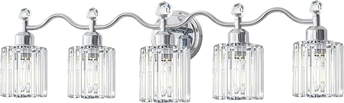 Bathroom Vanity Light, Modern Crystal Bathroom Ligth Fixture, Chrome 5 Light by iYoee