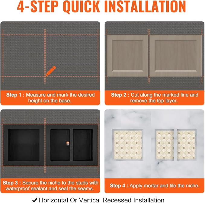 VEVOR Shower Niche Ready for Tile 16" x 16" & 16" x 20", Triple Shelf Organizer - Image 7