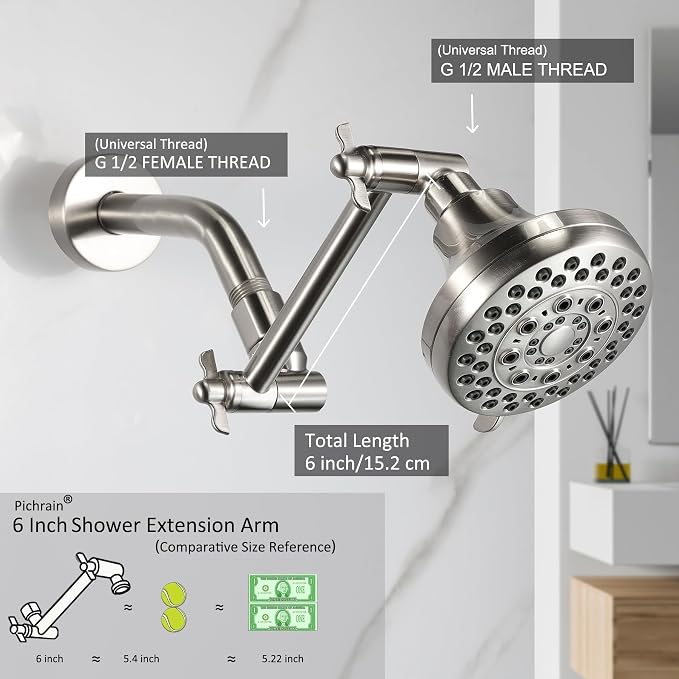 6 Inch Adjustable Shower Head Extension Arm, All-Metal Shower Arm Extender - Image 2