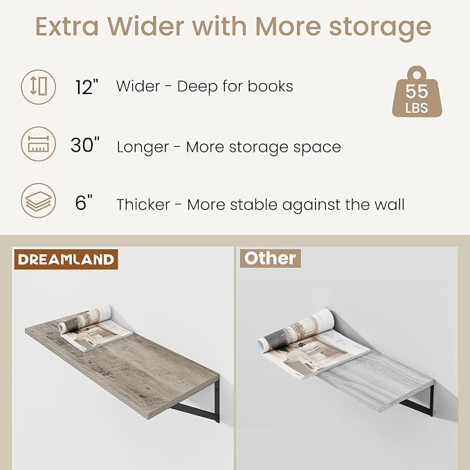 Dreamland Floating Shelves for Wall, 12 Inch Deep Floating Shelves Set of 2 - Image 4