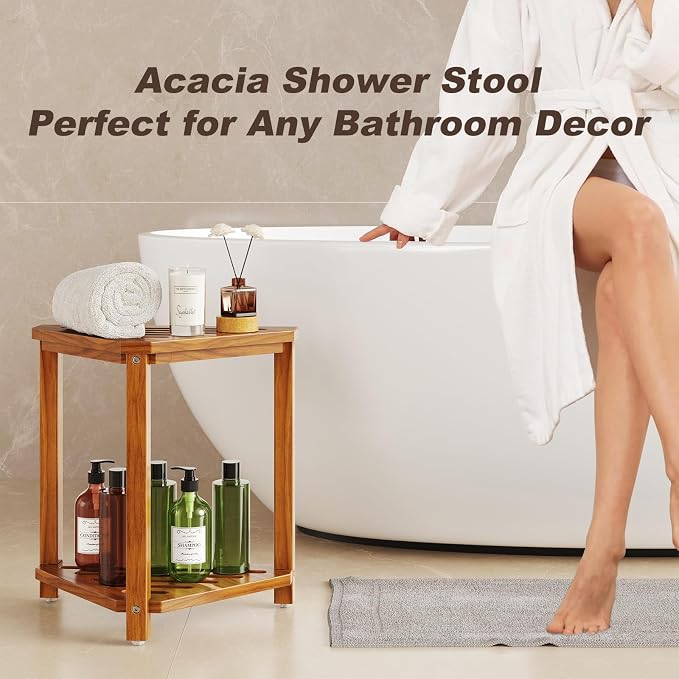 Corner Shower Stool for Inside Shower, Acacia Wood Corner Shower Shaving Step - Image 3