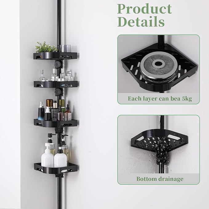 Tension Pole Shower Caddy Organizer with4 Tier L-Shaped Rust Resistant Bathroom - Image 7