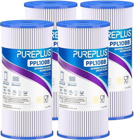 PUREPLUS 20 Micron 10" x 4.5" Whole House Pleated Sediment Filter by PUREPLUS