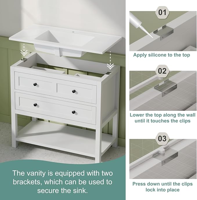 36 Inch Bathroom Vanity with Sink, Farmhouse Storage Cabinet with Drawers & - Image 8