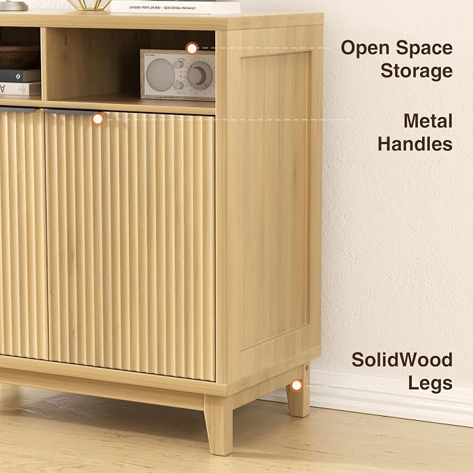 Fluted Cabinet with Doors, Modern Accent Storage Cabinet with Solid Wood Legs & - Image 4