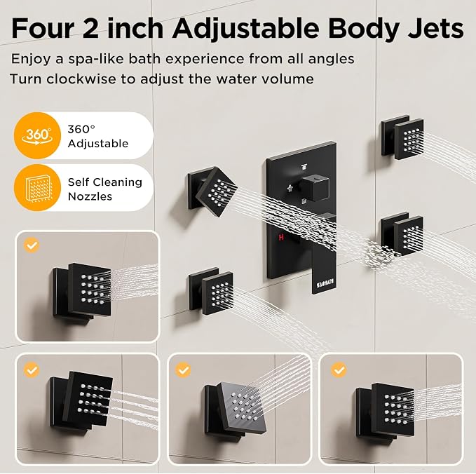 Shower Systems with 4 Body Spray Jets, STARBATH 4 Way 12+6" Rainfall Shower - Image 4