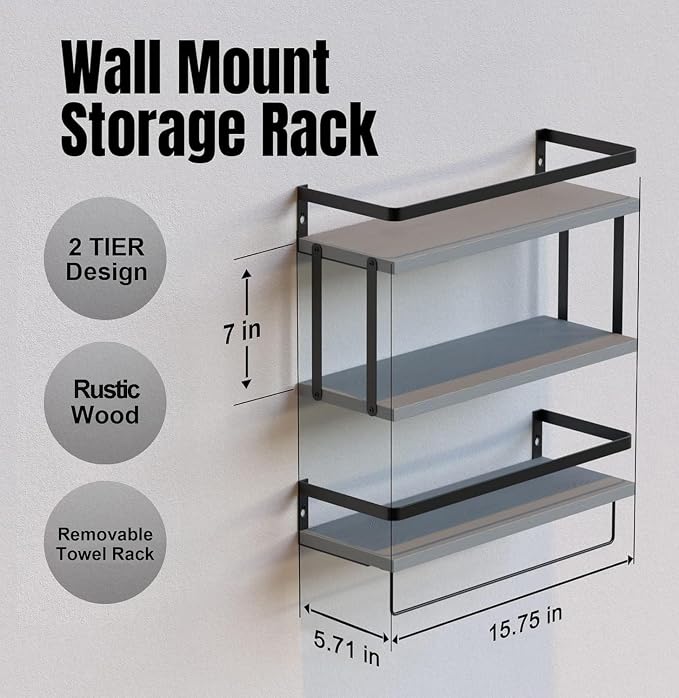 RICHER HOUSE 2+1 Tier Wall Mounted Floating Shelves Set of 2, Rustic Wood Wall - Image 2