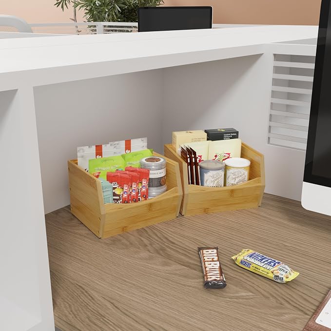 2 Set Open Front Small Stackable Storage Bins, Bamboo Stacking Storage Bins - Image 3