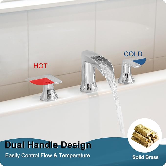 Chrome Deck Mount Tub Faucet 3 Hole, Brass Widespread Waterfall Bathtub Faucet - Image 3