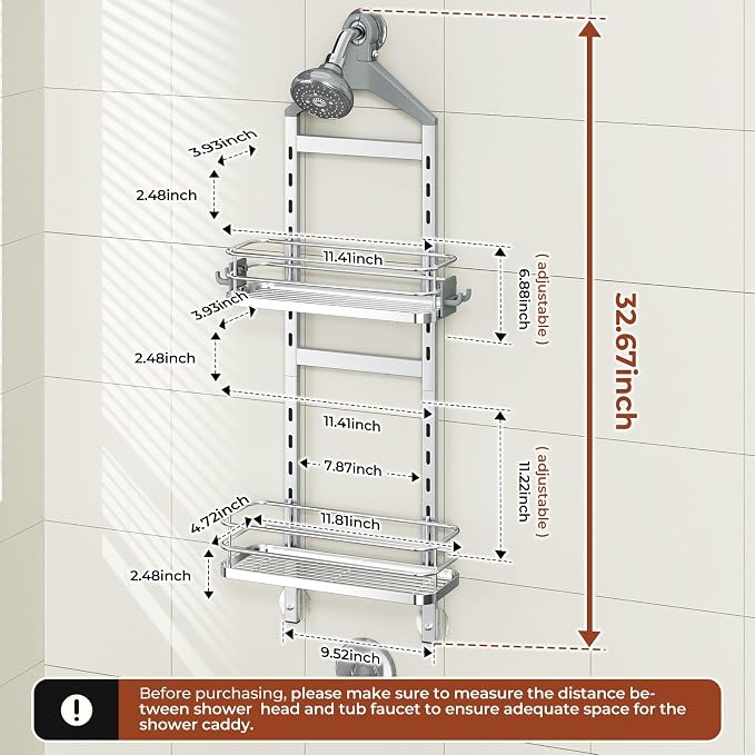 Orimade Aluminum Hanging Shower Caddy Over Head, Adjustable Bathroom Shelf - Image 2