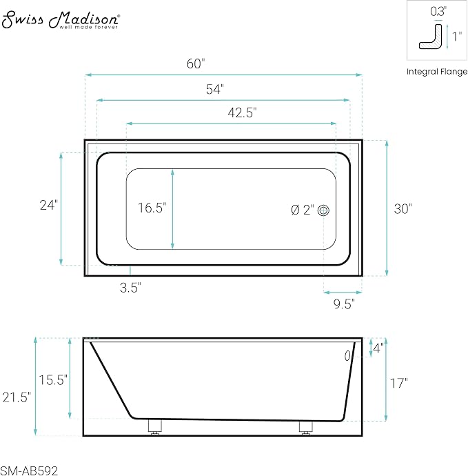 Voltaire 60" X 30" Right-Hand Drain Alcove Bathtub - Image 8