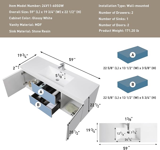 60 Inch Floating Bathroom Vanity - Image 2