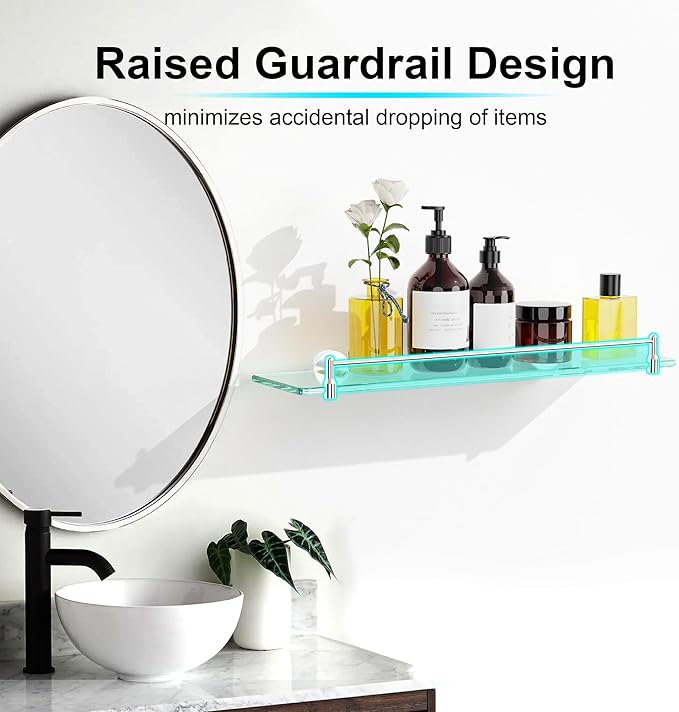 20 Inches Glass Shelves for Bathroom, Chrome Polished Floating Glass Shelf - Image 5