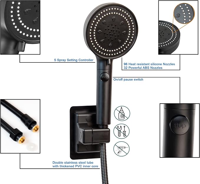 High Pressure Handheld Shower 5-Settings、Leakproof Extra Long 78 Inch Stainless - Image 5