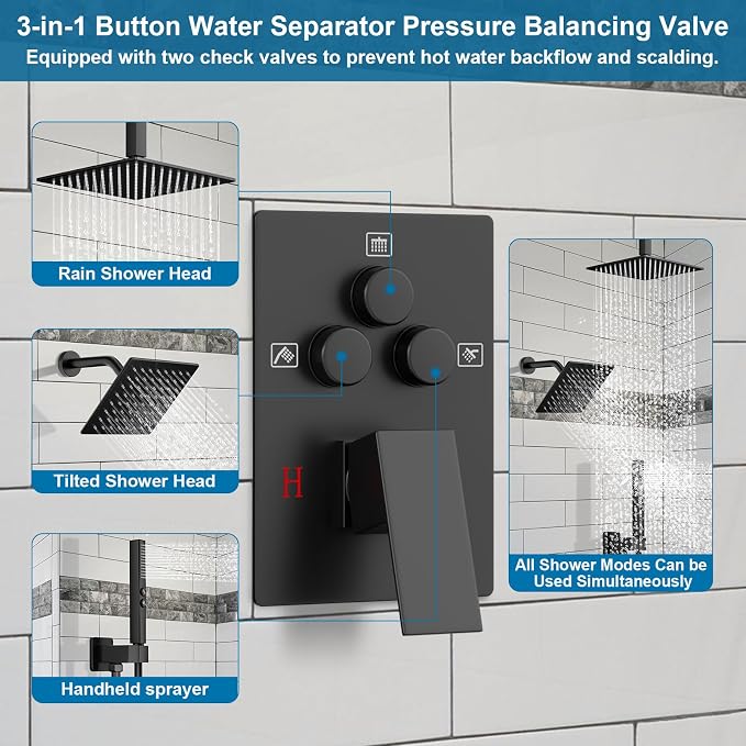 Shower Faucet Set Black Shower System, Ceiling Mount 12 Inch Shower Head - Image 6