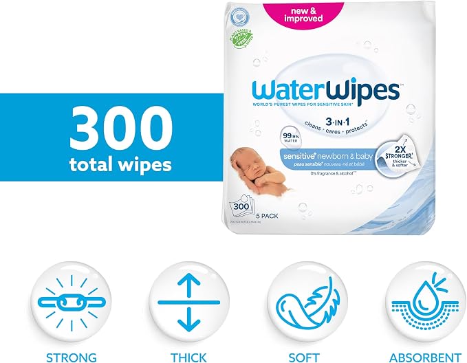 WaterWipes Sensitive+ Newborn & Baby Wipes, 3-In-1 Cleans, 99.9% Water - Image 2