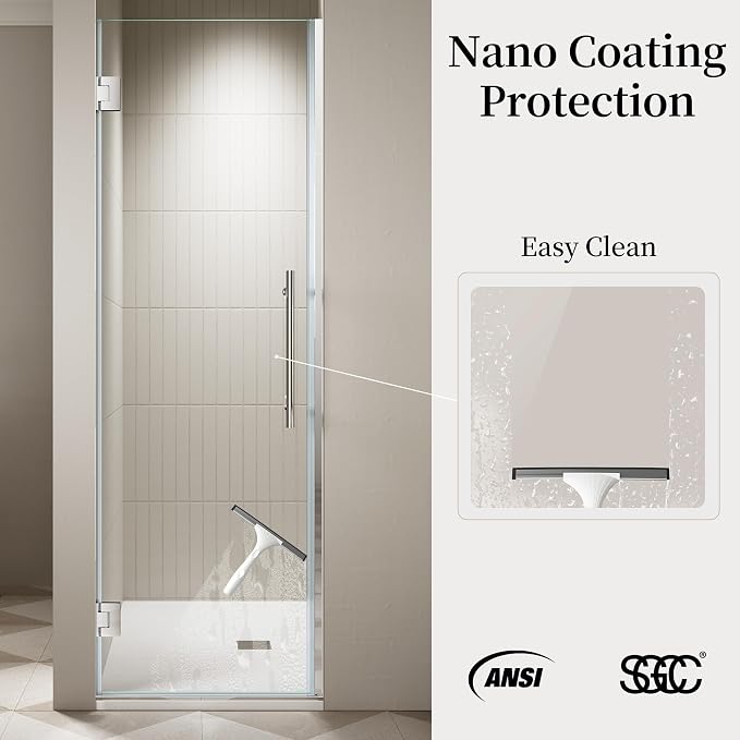 23.6-23.8" x 72" Frameless Hinged Shower Door, Single Swing Shower Panel - Image 3