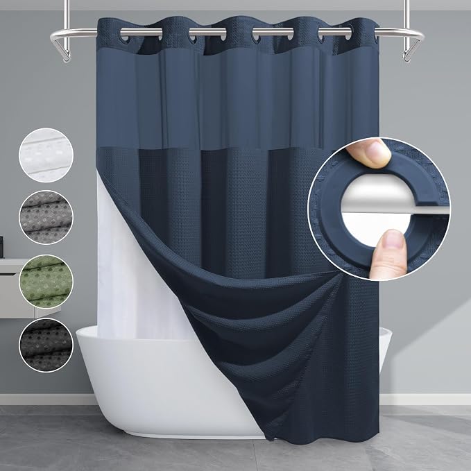 Navy Blue No Hook Shower Curtain by EUTXL