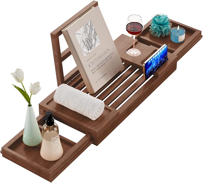 Yirilan Bamboo Bathtub Tray, Expandable Bathroom Tray by Yirilan