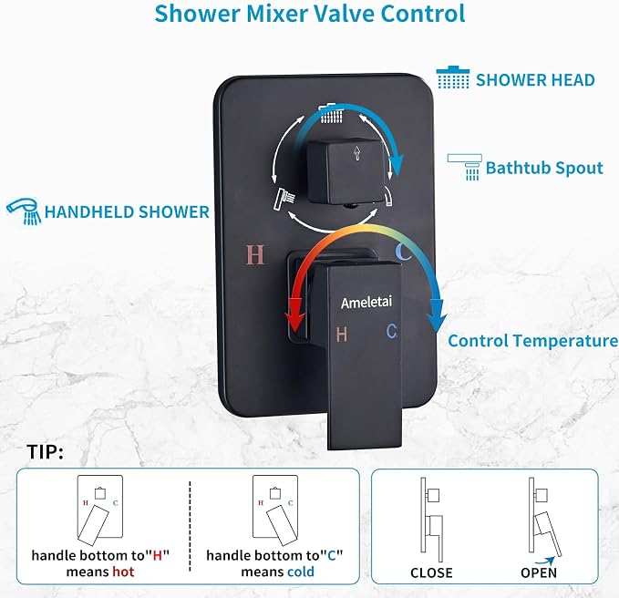 10" Matte Black Shower Faucet Set – Square Rainfall Showerhead + Handheld & - Image 5